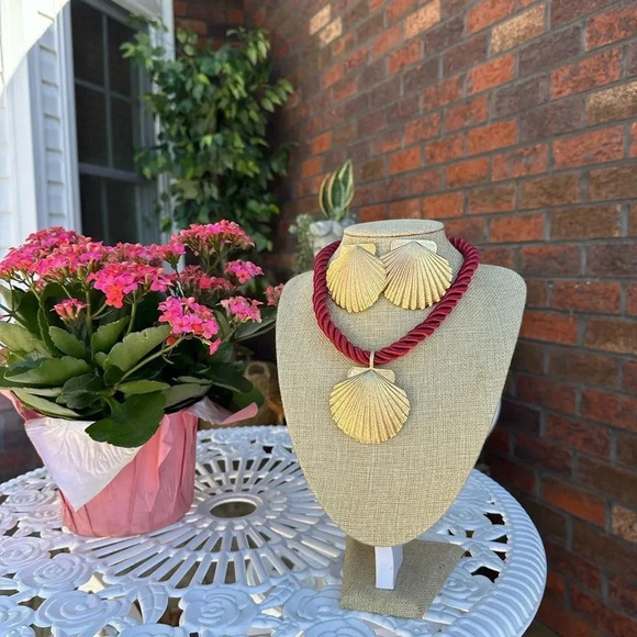 Seashell Gold Red Rope Chain Earrings Necklace Earrings Set - Picture 13 of 16